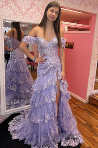 Sparkly Mermaid Off the Shoulder Lavender Sequins Tiered Prom Dress with Slit AB25020510