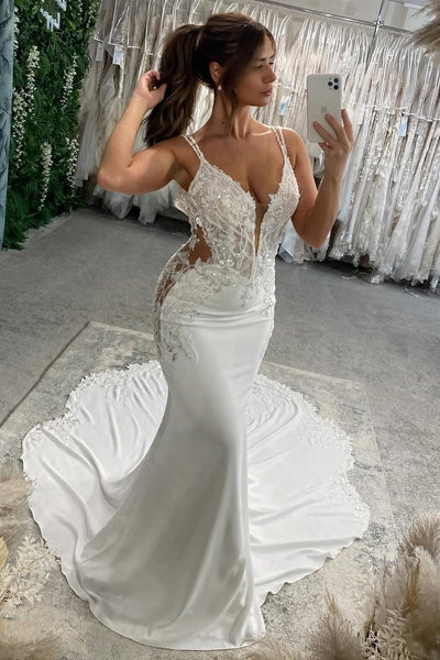 Elegant Mermaid V Neck Stretch Satin Wedding dress with Appliques AB25022307