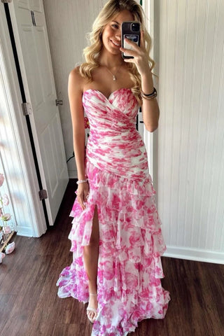 Sheath Sweetheart Floral Printed Chiffon Tiered Prom Dresses with Slit AB24122612