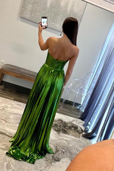 Cute A Line Green Metallic Satin Pleated Prom Dresses with Slit