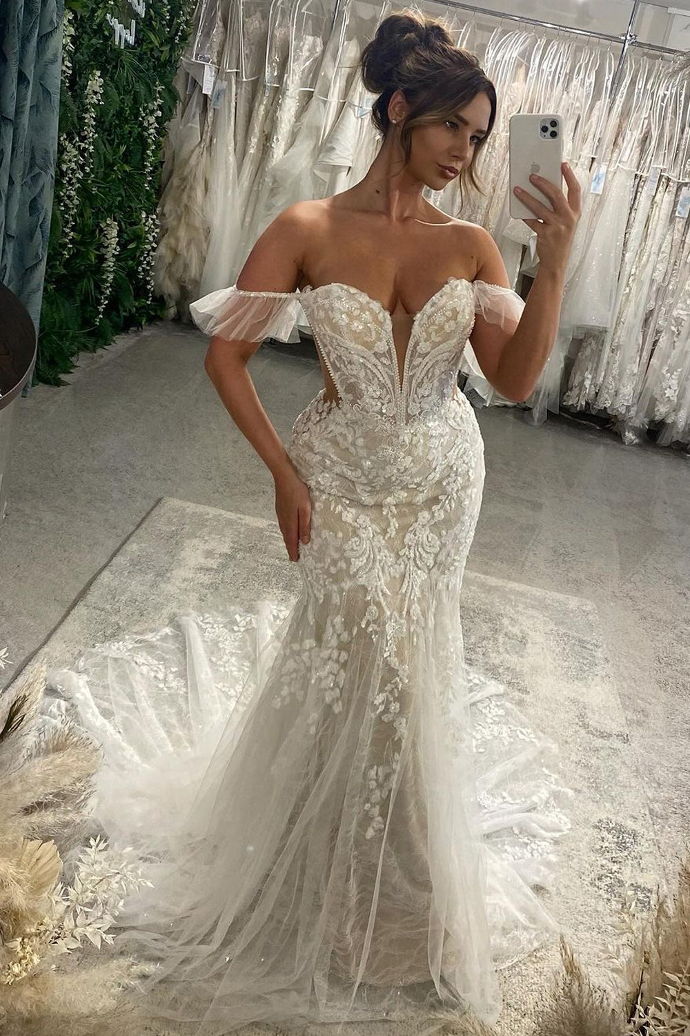 Fairy Mermaid Off the Shoulder Lace Tulle Bridal Dresses with Appliques