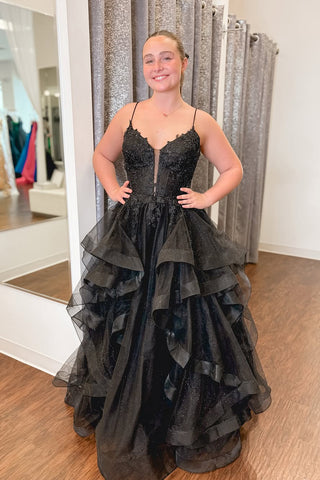 Cute A Line V Neck Black Ruffled Tulle Prom Dress with Appliques AB24121901