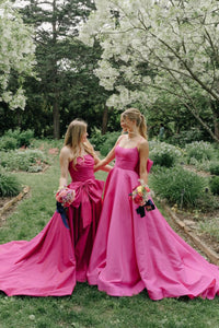 Princess A-Line Scoop Neck Fuchsia Satin Long Prom Dress with Bow AB4052104