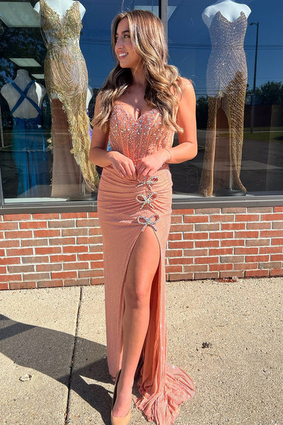 Charming Mermaid Sweetheart Blush Sequins Long Prom Dresses with Beading AB24102507