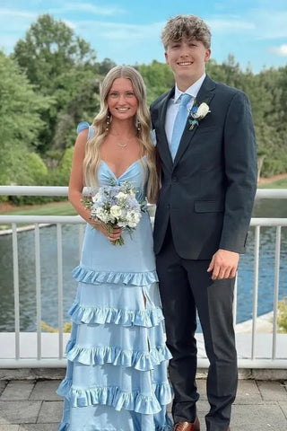 Cute A Line V Neck Blue Satin Tiered Prom Dress with Slit AB25020205