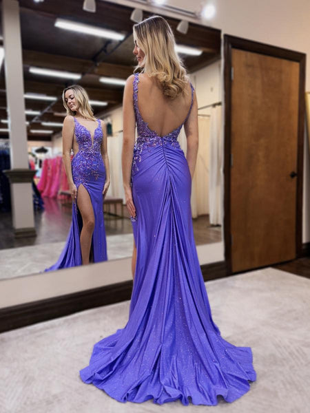 Charming Mermaid V Neck Purple Satin Long Prom Dresses with Beading AB24102011