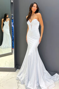 Mermaid Sweetheart White Beaded Long Prom Dress AB4031705