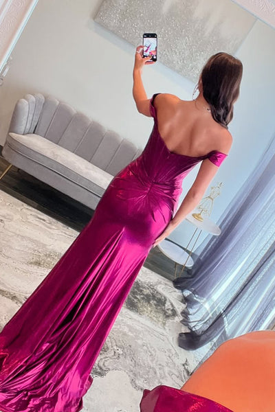 Charming Mermaid Off the Shoulder Fuchsia Satin Long Prom Dresses with Slit AB24120905