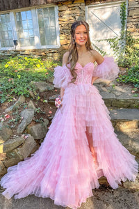 Fairy A Line V Neck Pink Tulle Long Prom Dresses with Appliques AB24101406