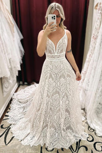 Bohemain A Line V Neck Lace Wedding Dresses AB1201903