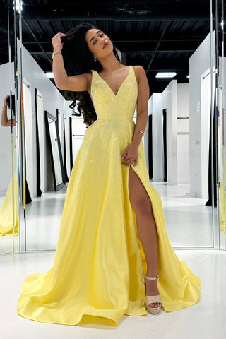 Cute A Line V Neck Yellow Satin Prom Dress with Beading AB25020307