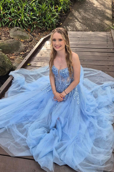 Cute A Line Sweetheart Blue Tulle Long Prom Dresses with Appliques AB24112217