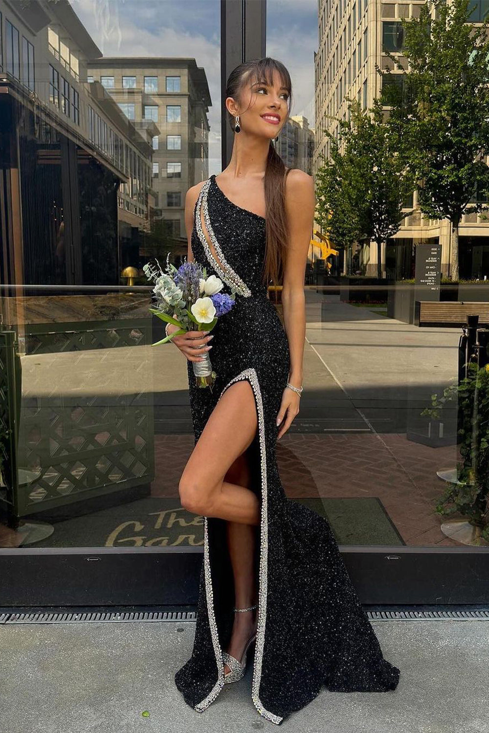 Charming Mermaid One Shoulder Black Sequins Long Prom Dresses with Beading AB24082405