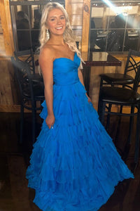 Cute A Line Sweetheart Blue Chiffon Tiered Long Prom Dresses AB24120909