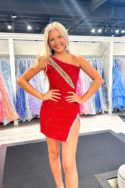 Cute Bodycon One Shoulder Red Sequins Short Homecoming Dresses with Beading AB24100403