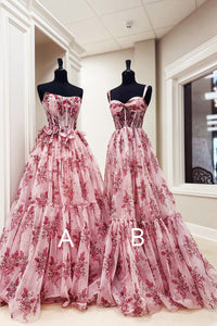 Cute A Line Sweetheart Floral Printed Chiffon Long Prom Dress with Bow AB25012301