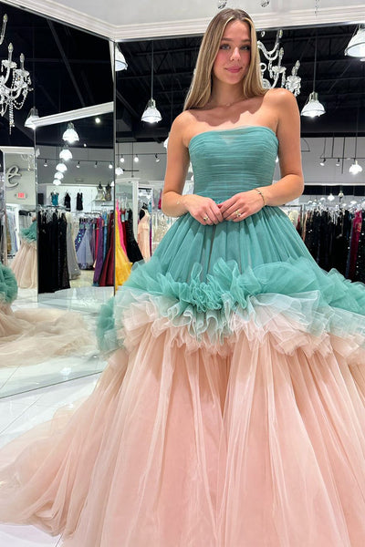 Chic A-Line Strapless Ruffle Tiered Tulle Long Prom Dress AB4053003