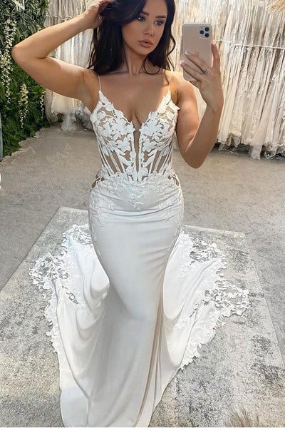 Elegant Mermaid V Neck Elastic Satin Long Wedding Dresses with Appliques AB24101005