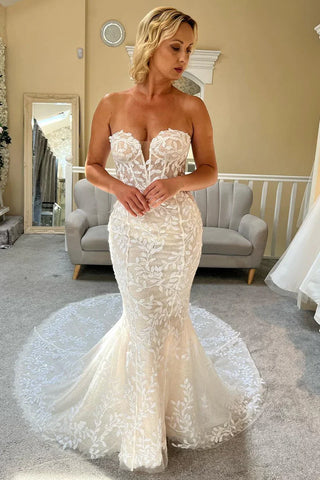 Bohemian Elegant Mermaid Sweetheart Lace Long Beach Wedding Dresses with Appliques AB24102006