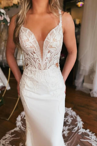 Elegant Mermaid V Neck Satin Long Beach Wedding Dresses with Lace AB24101903