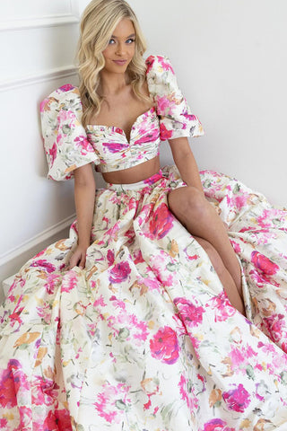 Two Piece Sweetheart Floral Printed Long Prom Dress with Slit AB4040303