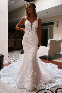 Elegant Mermaid V Neck Lace Long Wedding Dresses with Appliques AB24101006