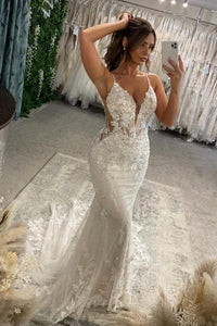 Gorgeous Mermaid V Neck Lace Wedding Dresses with Appliques AB25011507