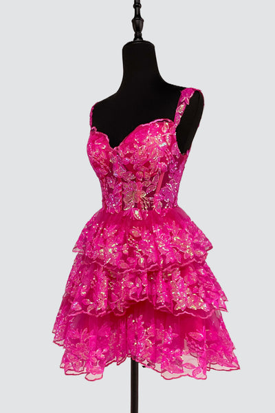 Cute A Line Sweetheart Hot Pink Sequins Tiered Short Homecoming Dresses AB24081402