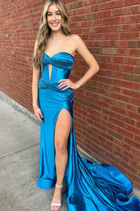 Charming Mermaid Sweetheart Cutout Neck Satin Prom Dress with Slit AB4011702