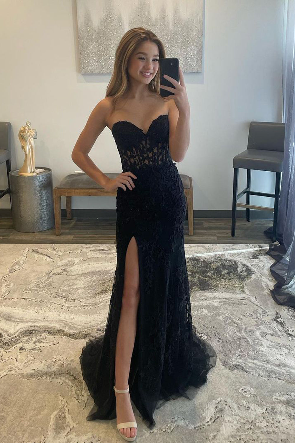 Cute Mermaid Sweetheart Black Lace Long Prom Dresses with Slit AB24112109