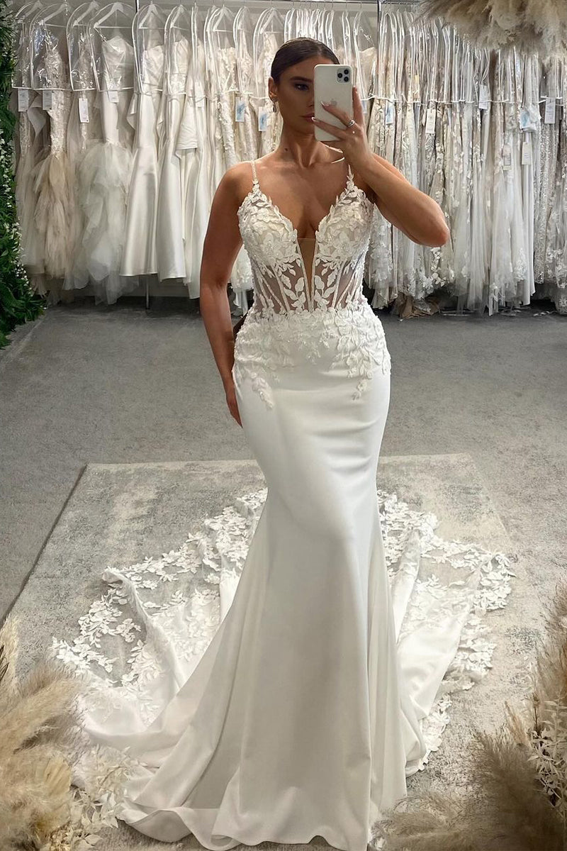 Charming Mermaid V Neck Satin Wedding Dresses with Appliques AB070403