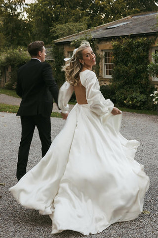 Gorgeous A Line Deep V Neck White Satin Bridal Dresses with Ruffled Sleeves AB24120312