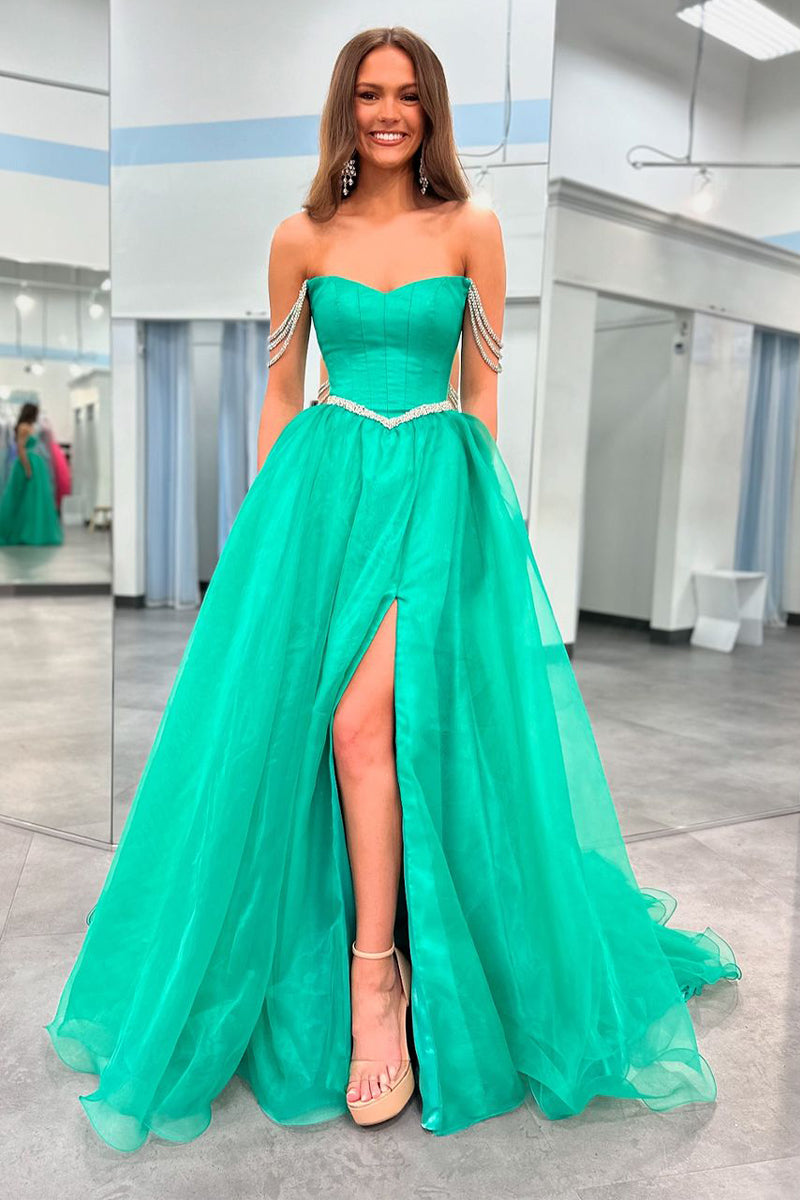 Charming A-Line Strapless Green Long Prom Dress with Beaded Straps AB4053005