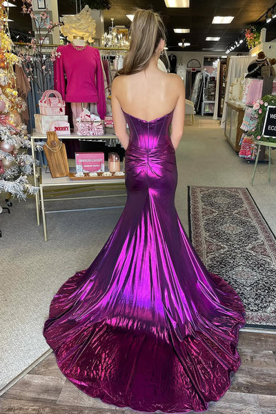 Charming Mermaid Sweetheart Purple Metallic Satin Slit Prom Dress AB24120307