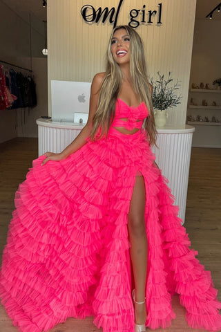 Cute A Line Sweetheart Pink Tulle Long Prom Dresses with Slit AB24100710