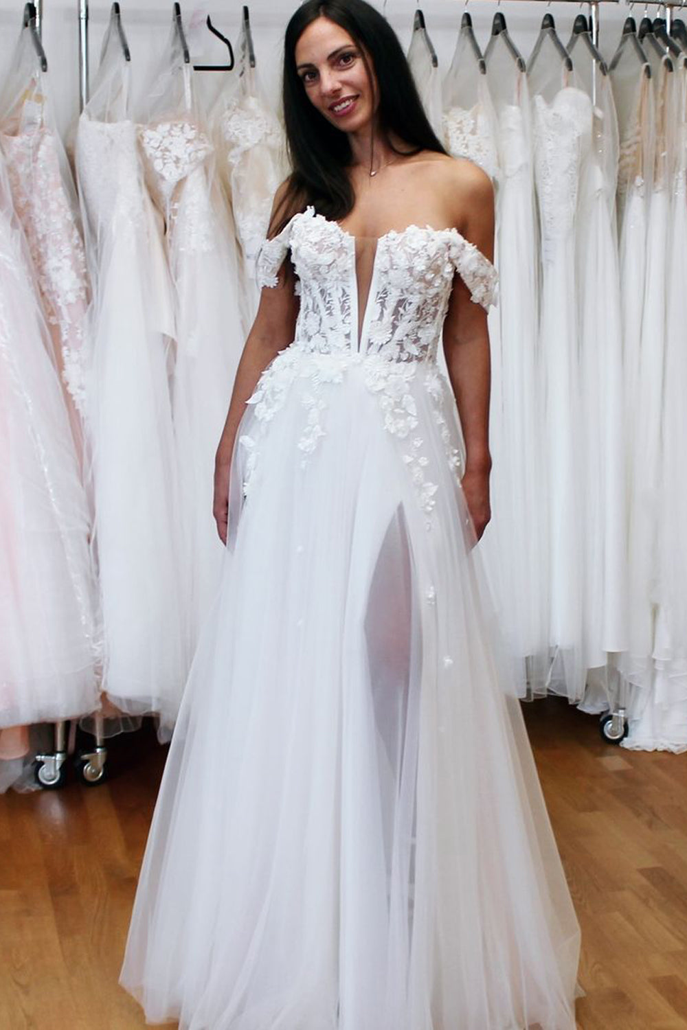 Fairy A Line Off the Shoulder Tulle Long Wedding Dresses with Appliques AB2410102