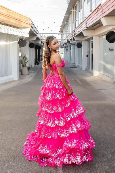 Sparkly Ball Gown Sweetheart Hot Pink Sequins Tiered Prom Dresses AB24070301