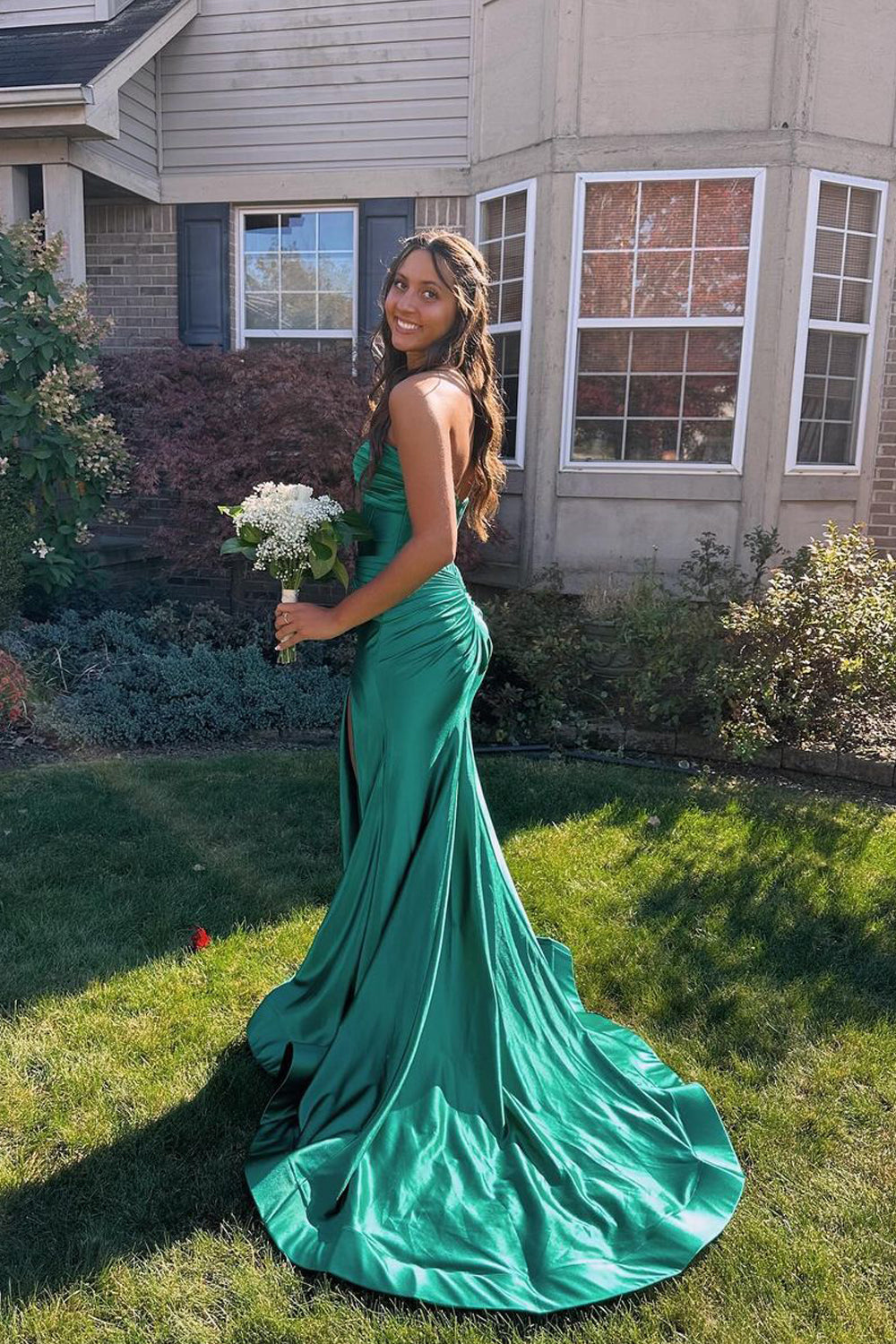 Charming Mermaid Sweetheart Dark Green Satin Long Prom Dress with Slit AB24111102