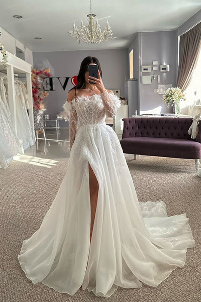 Gorgeous A Line Off the Shoulder Organza Long Bridal Dresses with Beading AB241111