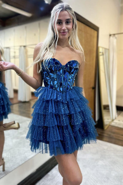 Cute A-Line Sweetheart Blue Mirror-Cuts Glitter Tulle Homecoming Dresses AB24082802