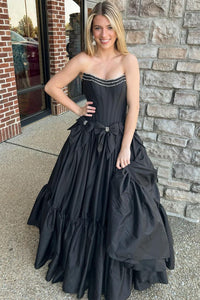 Ball Gown Scoop Neck Black Satin Long Prom Dresses with Beading AB24101407