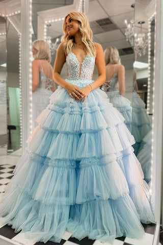 Pretty A-Line V Neck Sky Blue Ruffle Tiered Tulle Long Prom Dress AB4052601