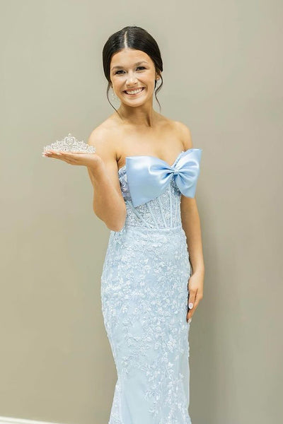 Cute Mermaid Sweetheart Light Blue Lace Prom Dresses with Bow AB24102909