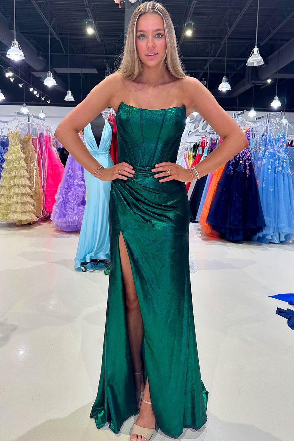 Charming Mermaid Strapless Green Satin Long Prom Dresses AB24102905