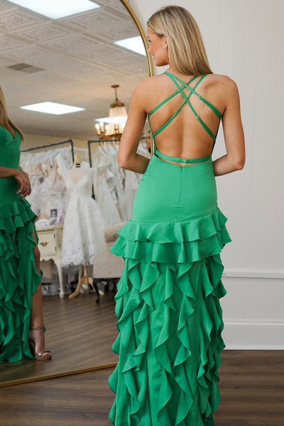 Cute Mermaid V Neck Green Satin Ruffled Prom Dress with Slit AB25030205