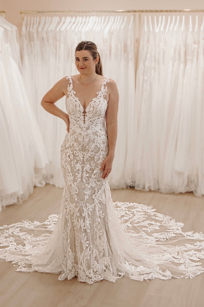 Romantic Mermaid V Neck Lace Bridal Dresses AB24102615