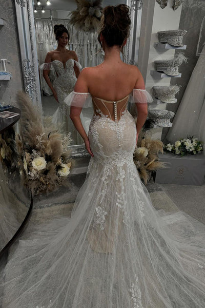 Fairy Mermaid Off the Shoulder Lace Tulle Bridal Dresses with Appliques