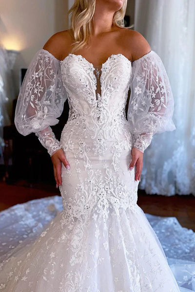 Gorgeous Mermaid Sweetheart Lace Long Beach Wedding Dresses with Sleeves AB24102005