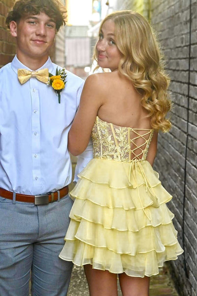 Cute A Line Sweetheart Daffodial Chiffon Tiered Short Homecoming Dresses AB24100507