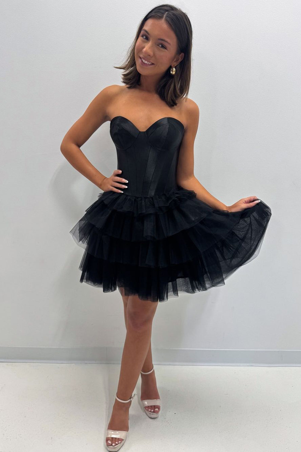 Cute A-Line Sweetheart Black Tulle Tiered Short Homecoming Dresses AB24082703